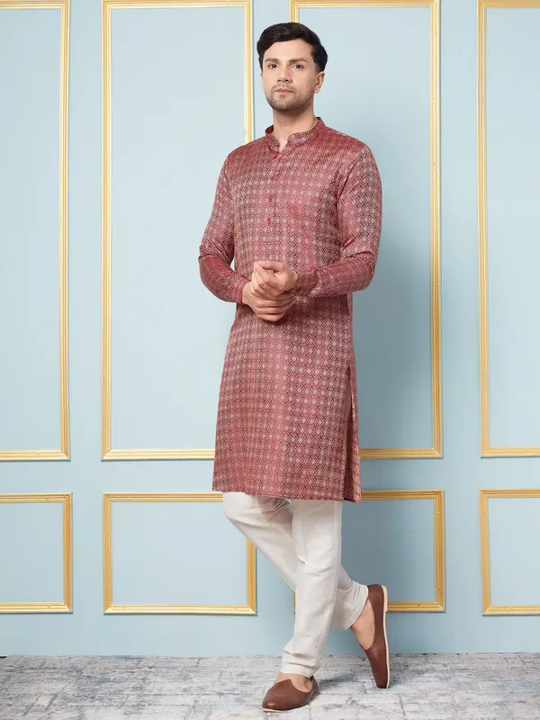 Men_Burgundy_&_Gold_Woven_Design_Thread_Work_Kurta_With_Pajama