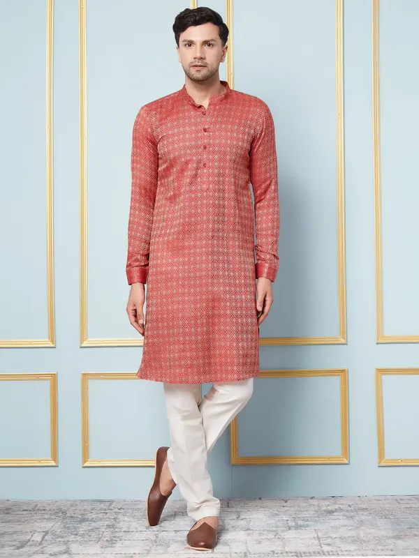 Men_Red_&_Gold_Woven_Design_Thread_Work_Kurta_With_Pajama