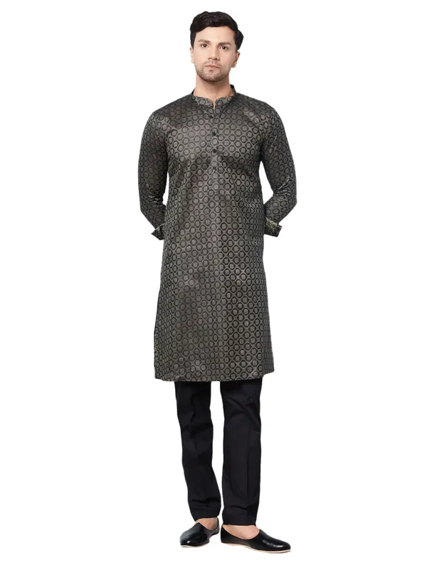 Men_Black_&_Green_Woven_Design_Thread_Work_Kurta_With_Pajama