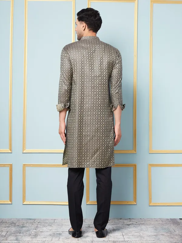 Men_Charcoal_&_Green_Woven_Design_Thread_Work_Kurta_With_Pajama