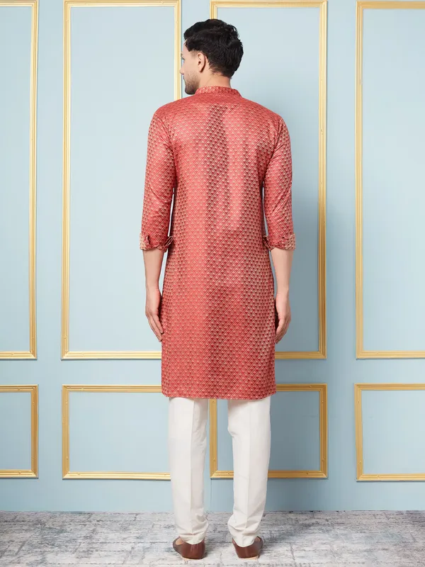 Men_Red_&_Gold_Woven_Design_Thread_Work_Kurta_With_Pajama