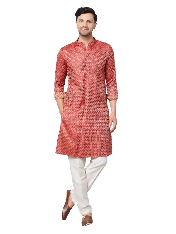 Men_Red_&_Gold_Woven_Design_Thread_Work_Kurta_With_Pajama