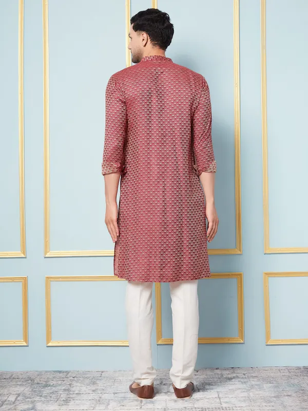 Men_Maroon_&_Gold_Woven_Design_Thread_Work_Kurta_With_Pajama