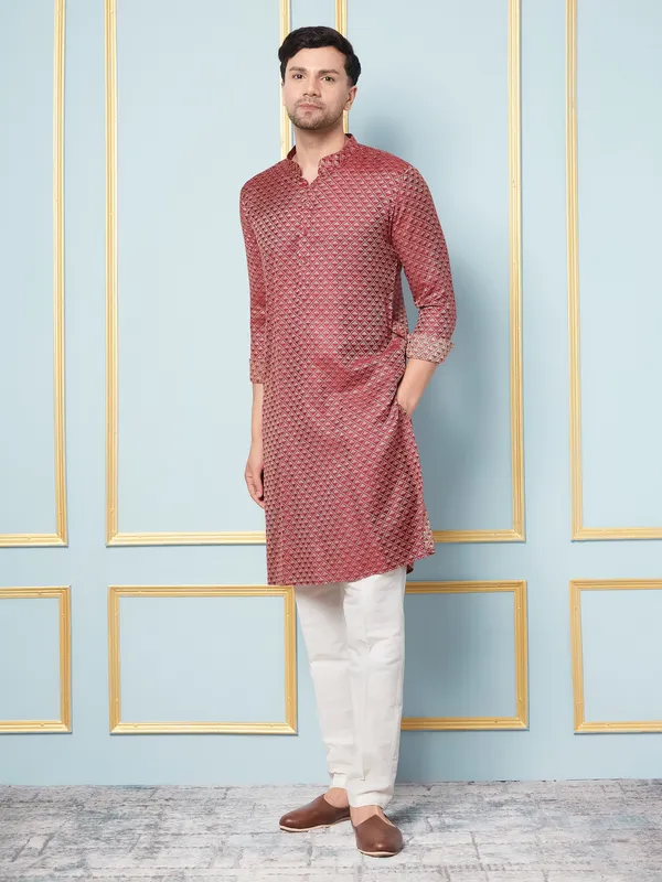 Men_Maroon_&_Gold_Woven_Design_Thread_Work_Kurta_With_Pajama