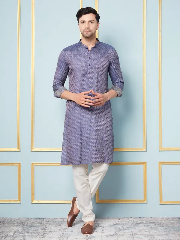 Men_Navy_Blue_&_Gold_Woven_Design_Thread_Work_Kurta_With_Pajama