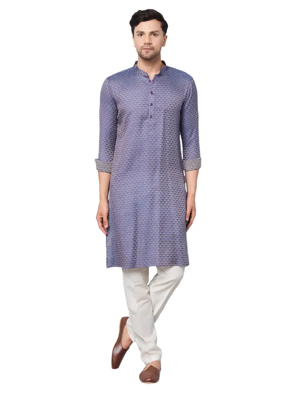 Men_Navy_Blue_&_Gold_Woven_Design_Thread_Work_Kurta_With_Pajama
