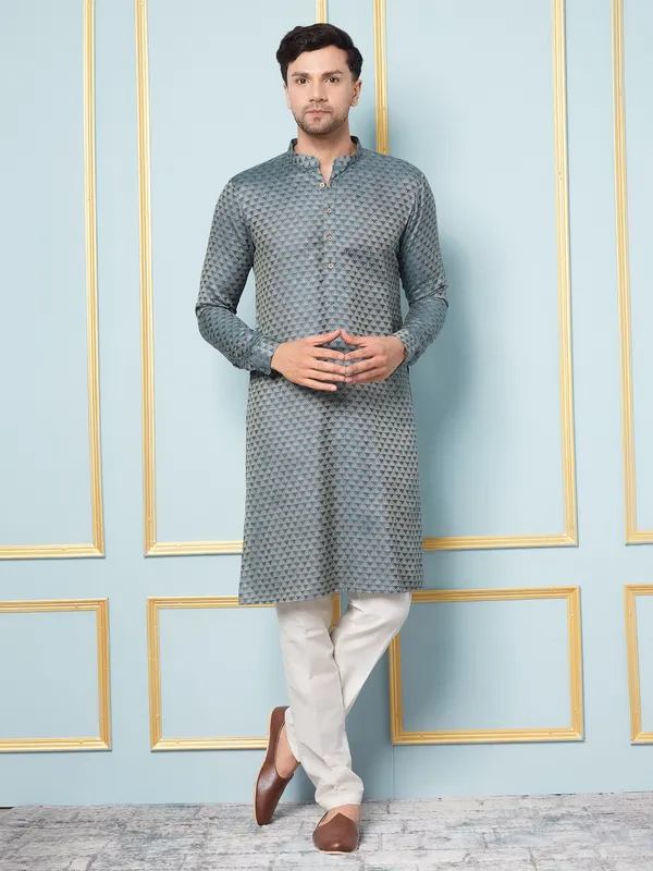 Men_Green_&_Gold_Woven_Design_Thread_Work_Kurta_With_Pajama