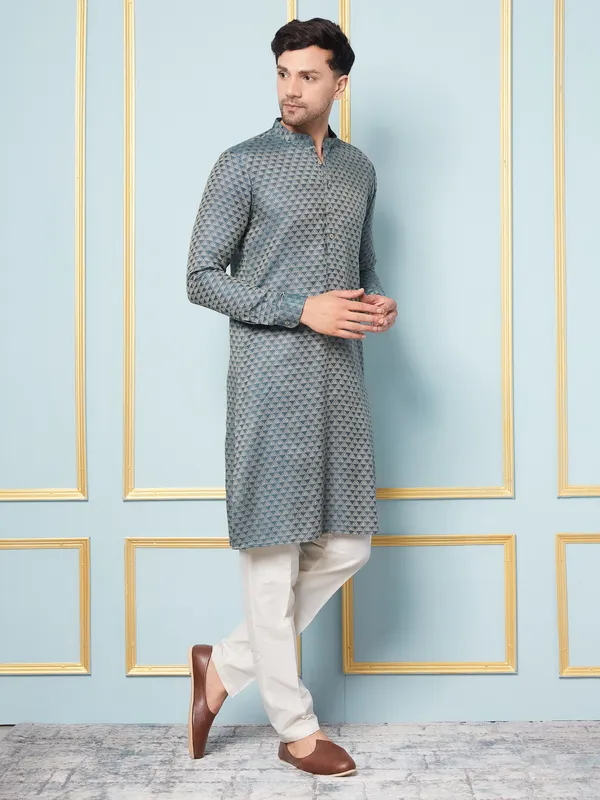 Men_Green_&_Gold_Woven_Design_Thread_Work_Kurta_With_Pajama