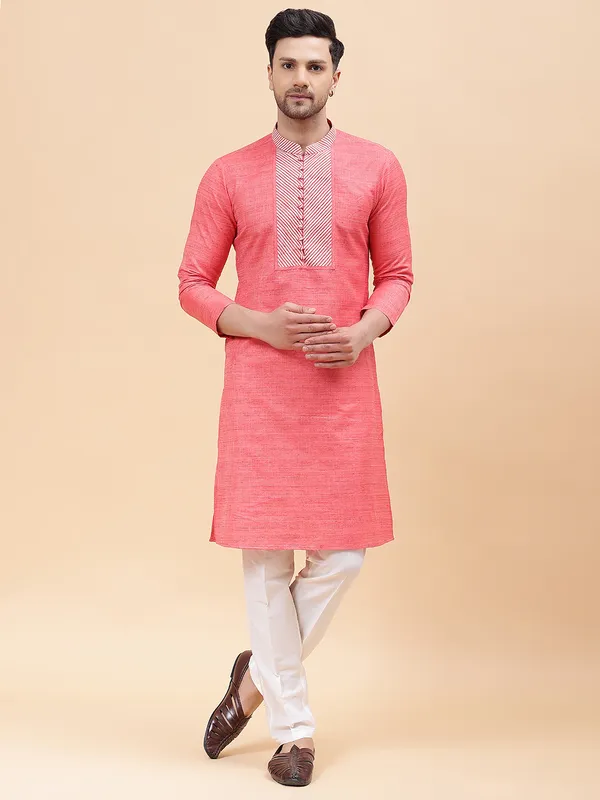 Men_Pink_&_White_Silk_Woven_Design_Staright_Kurta_With_Pajama