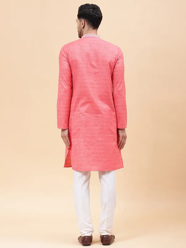 Men_Pink_&_White_Silk_Woven_Design_Staright_Kurta_With_Pajama