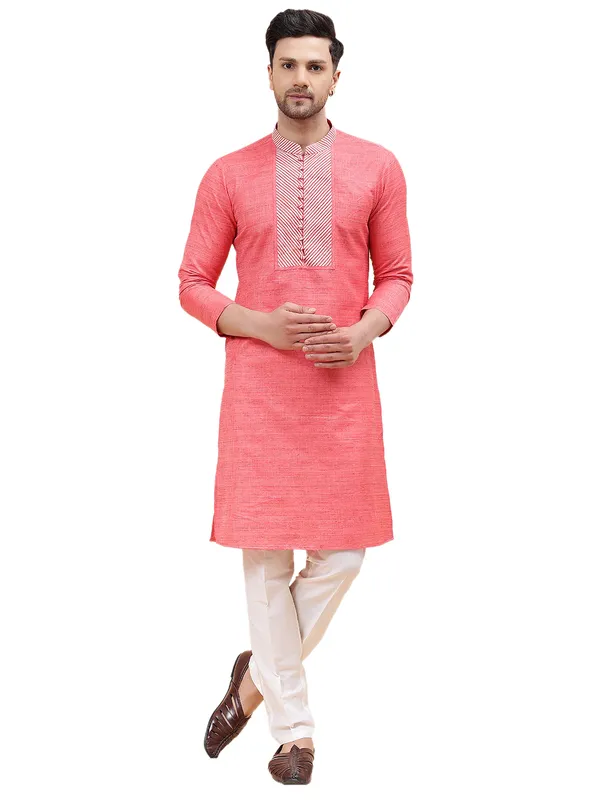 Men_Pink_&_White_Silk_Woven_Design_Staright_Kurta