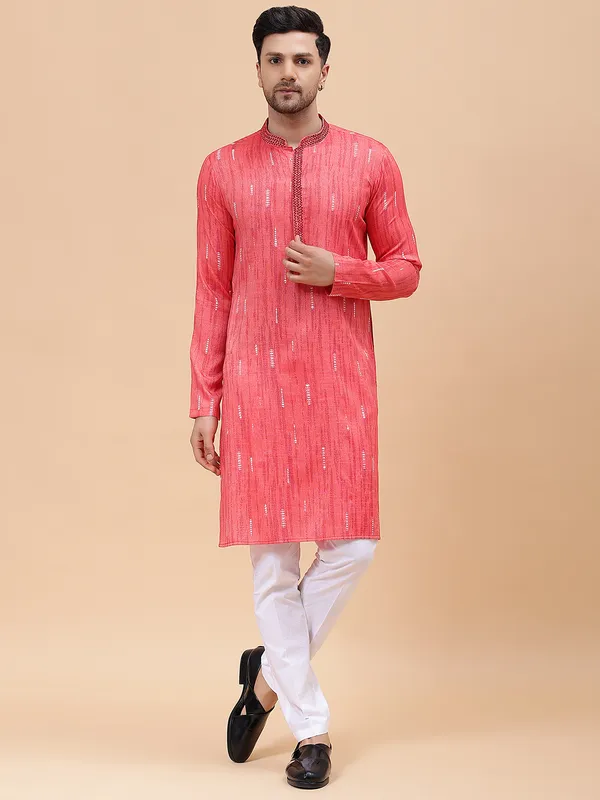 Men_Pink_&_White_Silk_Woven_Design_Staright_Kurta_With_Pajama