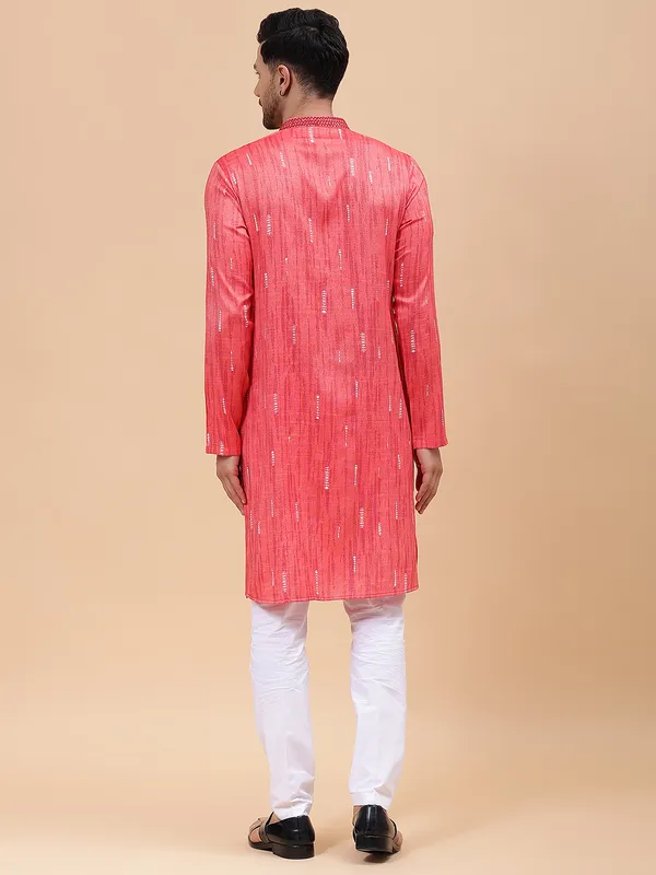 Men_Pink_&_White_Silk_Woven_Design_Staright_Kurta_With_Pajama
