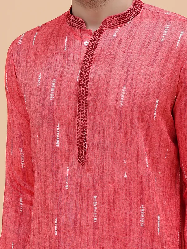 Men_Pink_&_White_Silk_Woven_Design_Staright_Kurta_With_Pajama