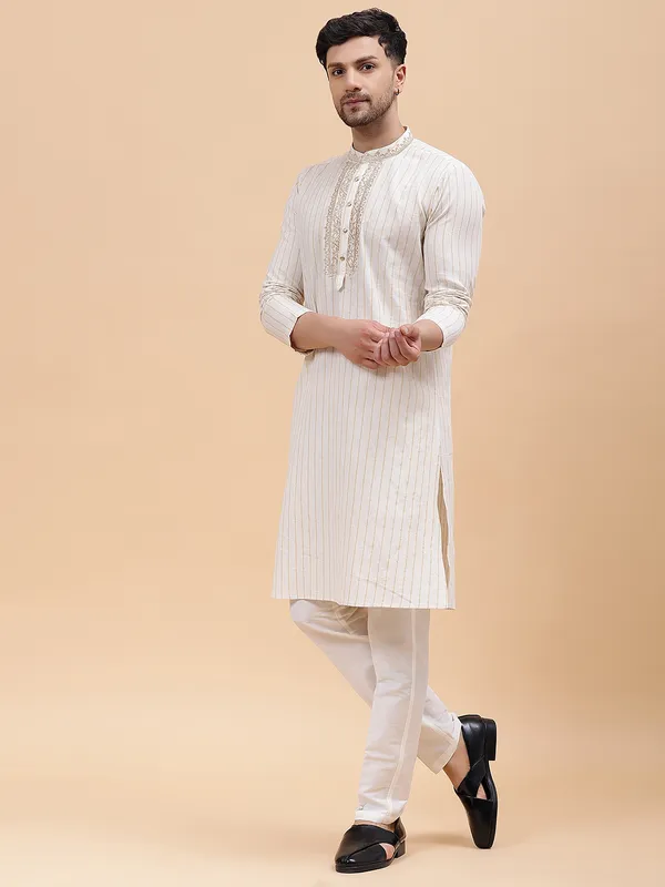 Men_Beige_&_Gold_Silk_Woven_Design_Staright_Kurta_With_Pajama