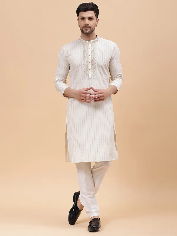Men_Beige_&_Gold_Silk_Woven_Design_Staright_Kurta_With_Pajama