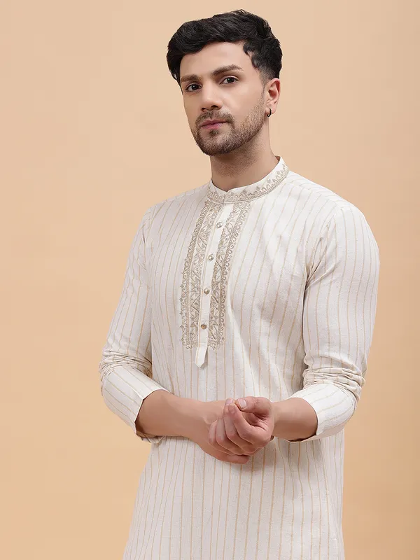 Men_Beige_&_Gold_Silk_Woven_Design_Staright_Kurta_With_Pajama