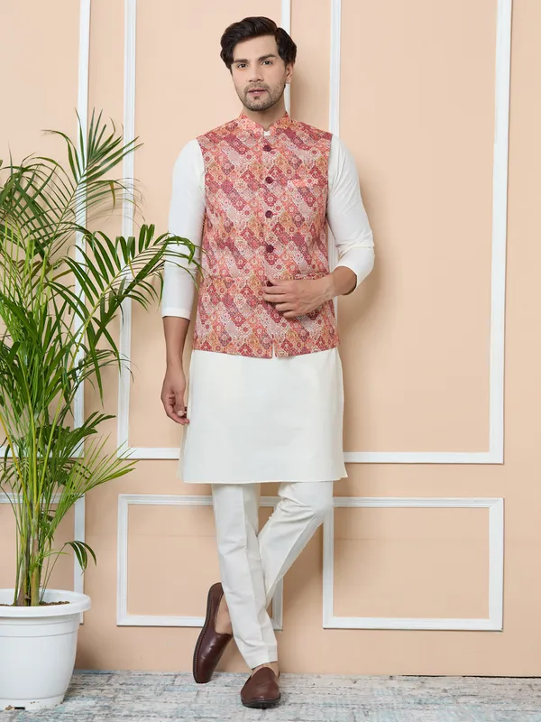 Orange_Ethnic_Motif_Printed_Nehru_Jacket_With_Solid_Kurta-Pyjama_(3_Piece_Set)