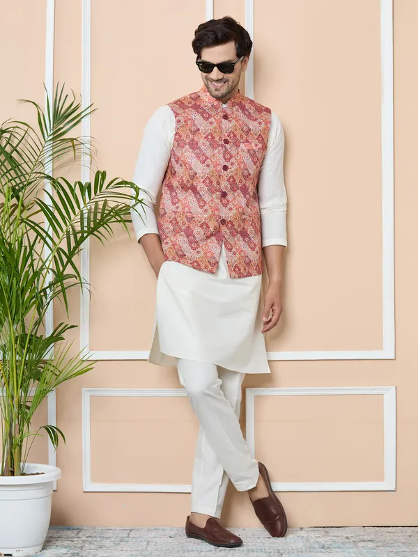 Orange_Ethnic_Motif_Printed_Nehru_Jacket_With_Solid_Kurta-Pyjama_(3_Piece_Set)
