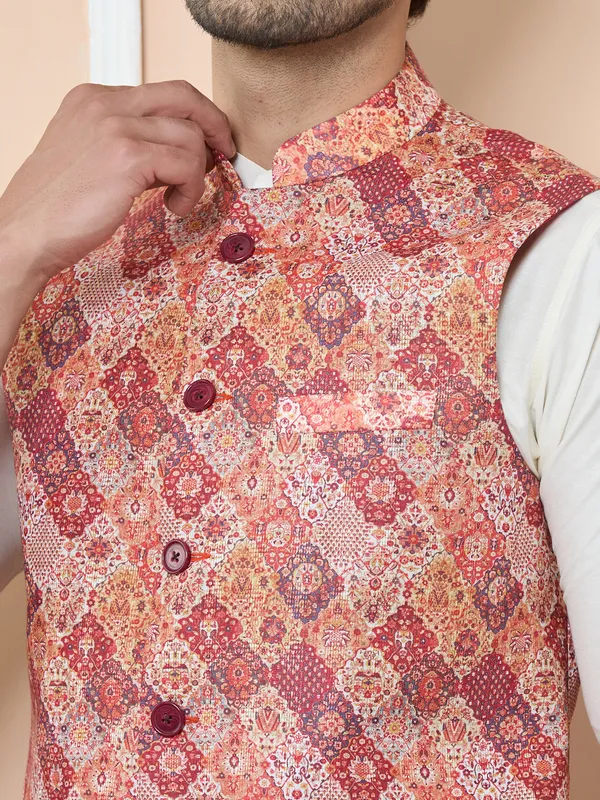 Orange_Ethnic_Motif_Printed_Nehru_Jacket_With_Solid_Kurta-Pyjama_(3_Piece_Set)