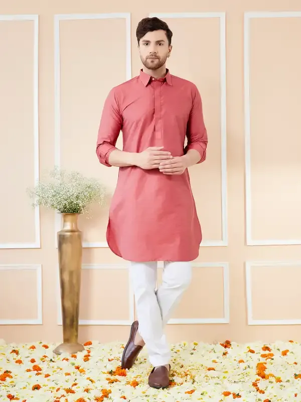 Men_Red_Cotton_Solid_Pathani_Kurta_With_Pyjama