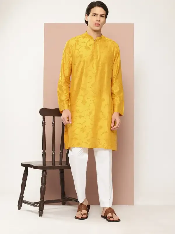 Men_Mustard_Embroidered_Thread_Work_Chanderi_Silk_Straight_Kurta_With_Pyjama