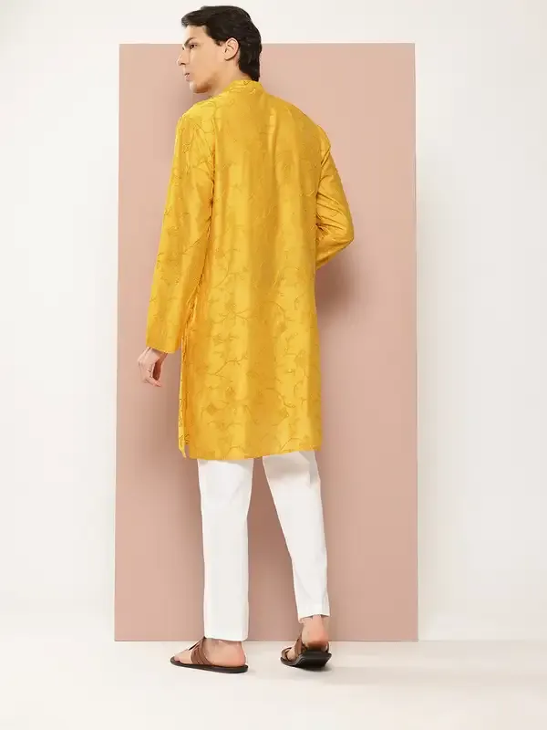 Men_Mustard_Embroidered_Thread_Work_Chanderi_Silk_Straight_Kurta_With_Pyjama