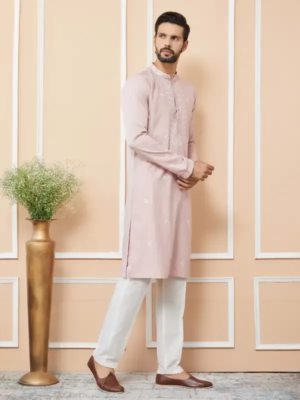Peach_Embroidered_Zara_Silk_Straight_Kurta_With_Pyjama