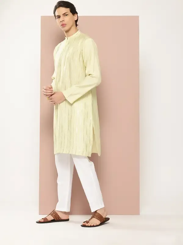 Men_Pista_Green_Embroidered_Thread_Work_Sequinned_Chanderi_Silk_Straight_Kurta_With_Pyjama