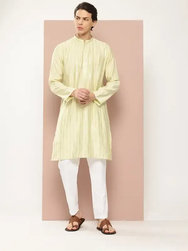 Men_Pista_Green_Embroidered_Thread_Work_Sequinned_Chanderi_Silk_Straight_Kurta_With_Pyjama