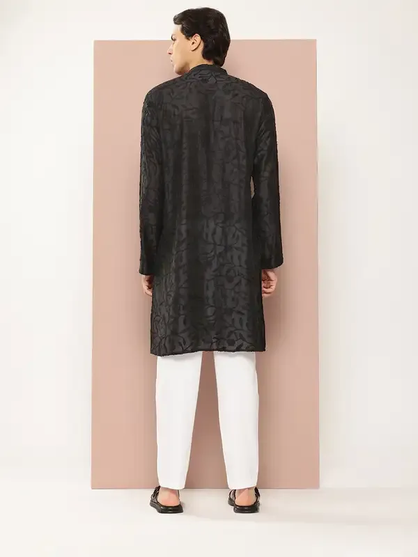 Men_Black_Embroidered_Thread_Work_Chanderi_Silk_Straight_Kurta_With_Pyjama