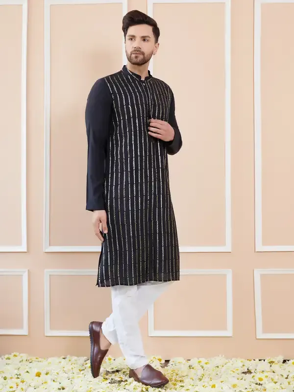 Men_Black_And_Gold_Chanderi_Silk_Sequins_Kurta_With_Pyjama