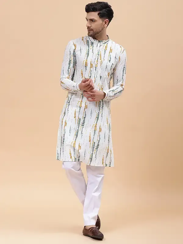 Men_White_&_Mustard_Pure_Cotton_Printed_Staright_Kurta_With_Pajama