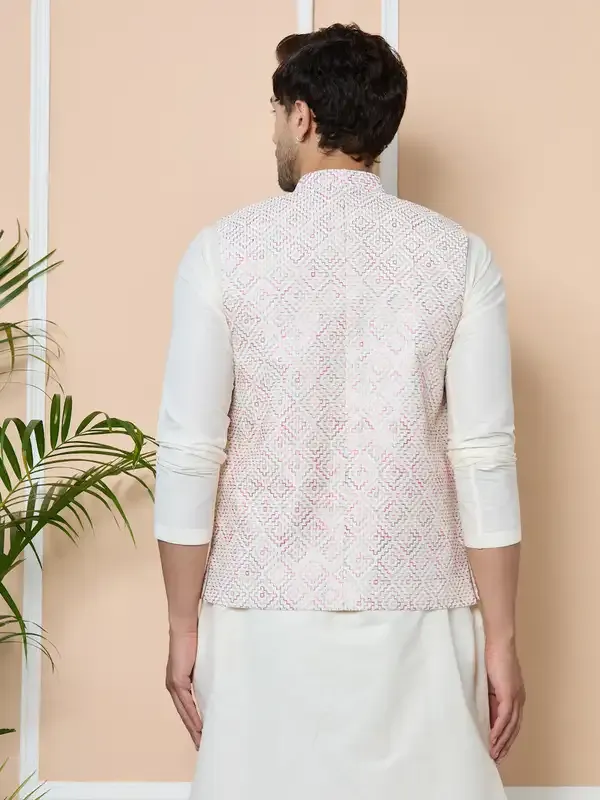 White_Embroidered_Nehru_Jacket_With_Solid_Kurta-Pyjama_(3_Piece_Set)