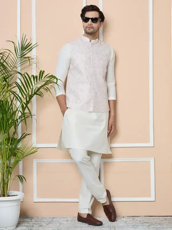 White_Embroidered_Nehru_Jacket_With_Solid_Kurta-Pyjama_(3_Piece_Set)