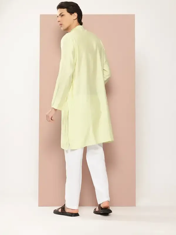 Men_Pista_Green_Embroidered_Thread_Work_Sequinned_Chanderi_Silk_Straight_Kurta_With_Pyjama