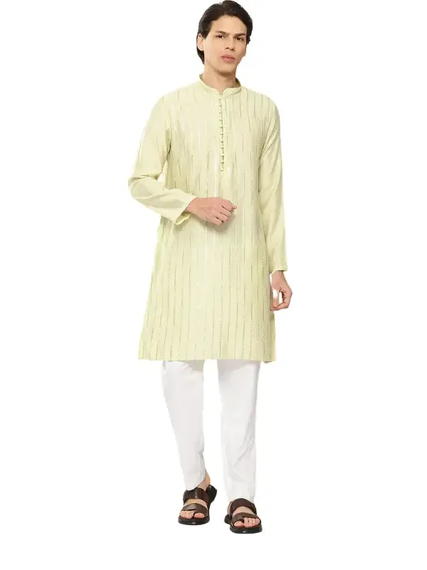 Men_Pista_Green_Embroidered_Thread_Work_Sequinned_Chanderi_Silk_Straight_Kurta_With_Pyjama