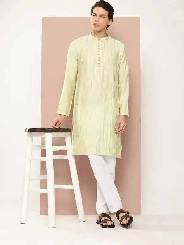 Men_Pista_Green_Embroidered_Thread_Work_Sequinned_Chanderi_Silk_Straight_Kurta_With_Pyjama