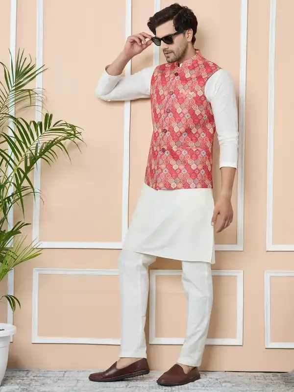 Orange_Ethnic_Motif_Printed_Nehru_Jacket_With_Solid_Kurta-Pyjama_(3_Piece_Set)