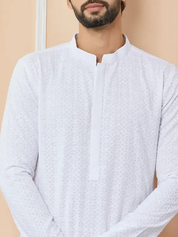 White_Embroidered_Chikankari_Pure_Cotton_Straight_Kurta_With_Pyjama