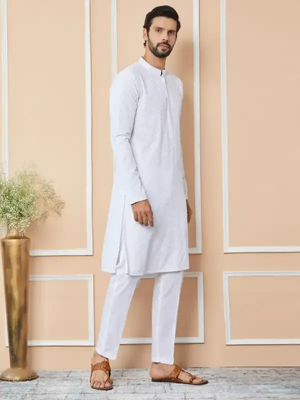 White_Embroidered_Chikankari_Pure_Cotton_Straight_Kurta_With_Pyjama
