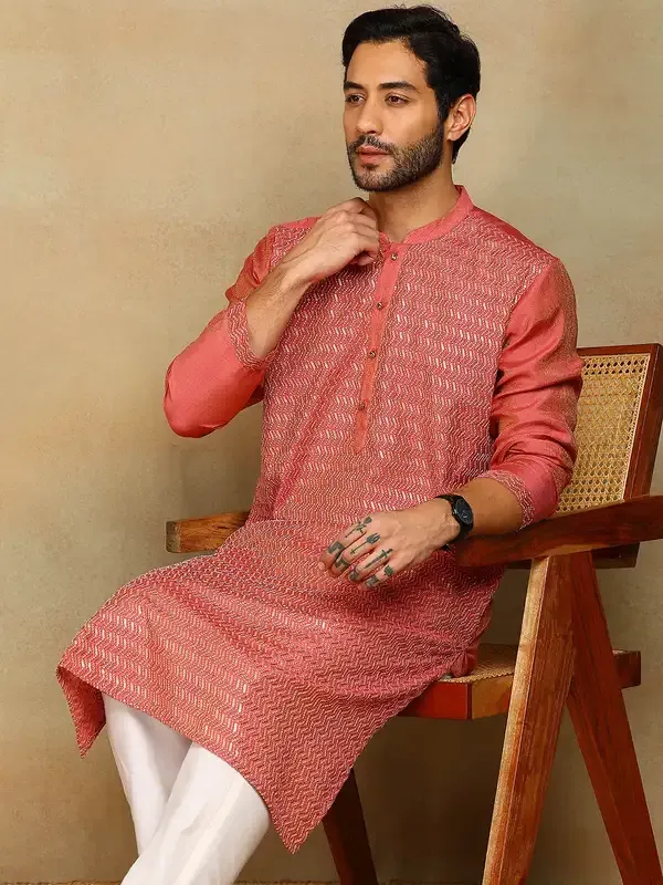 Peach_Sequins_Embroidered_Viscose_Straight_Kurta_With_Pyjama