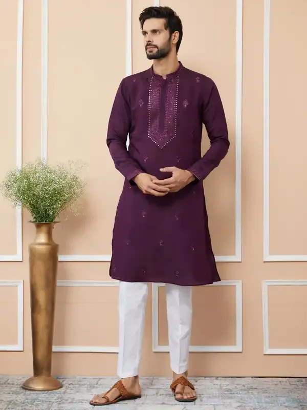 Dark_Purple_Embroidered_Chanderi_Silk_Straight_Kurta_With_Pyjama
