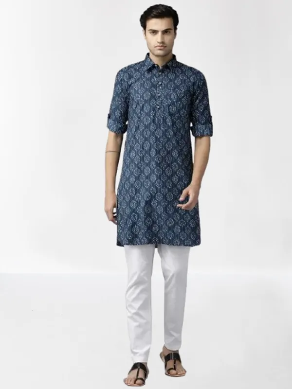 Men_Indigo_Regular_Pure_Cotton_Pathani_Printed_Men'S_Kurta_With_White_Salwar