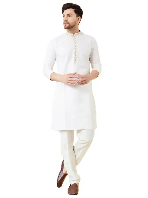 Cream_Solid_Cotton_Emboridered_Neckline_Straight_Kurta_With_Pyjama