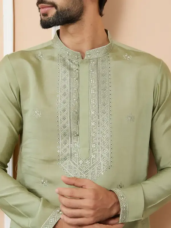 Olive_Embroidered_Chanderi_Silk_Straight_Kurta_With_Pyjama