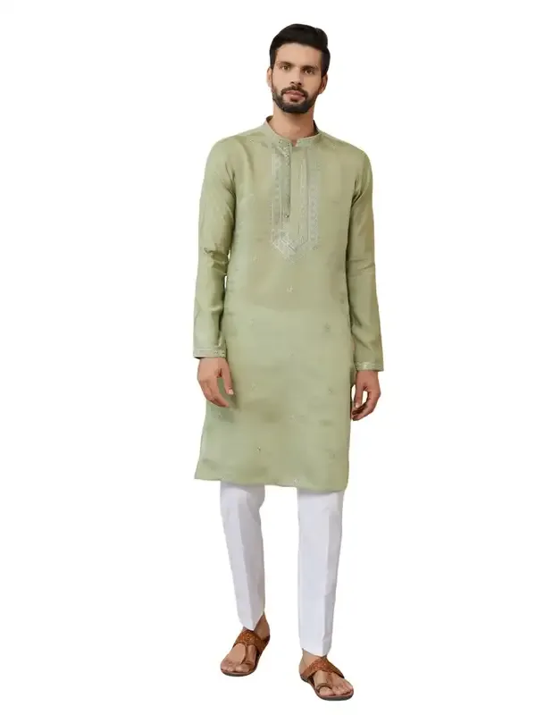 Olive_Embroidered_Chanderi_Silk_Straight_Kurta_With_Pyjama
