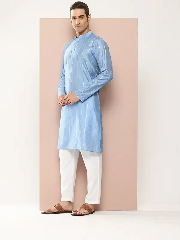 Men_Turquoise_Blue_Sequins_Embroidered_Chanderi_Silk_Straight_Kurta_With_Pyjama