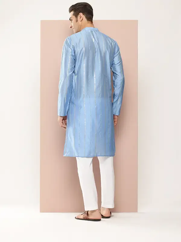 Men_Turquoise_Blue_Sequins_Embroidered_Chanderi_Silk_Straight_Kurta_With_Pyjama