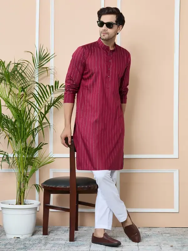 Maroon_Thread_Work_Straight_Kurta_With_Pyjama